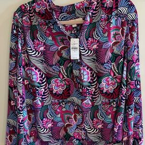 LOFT Pink and Blue Graphic Long Sleeve Blouse